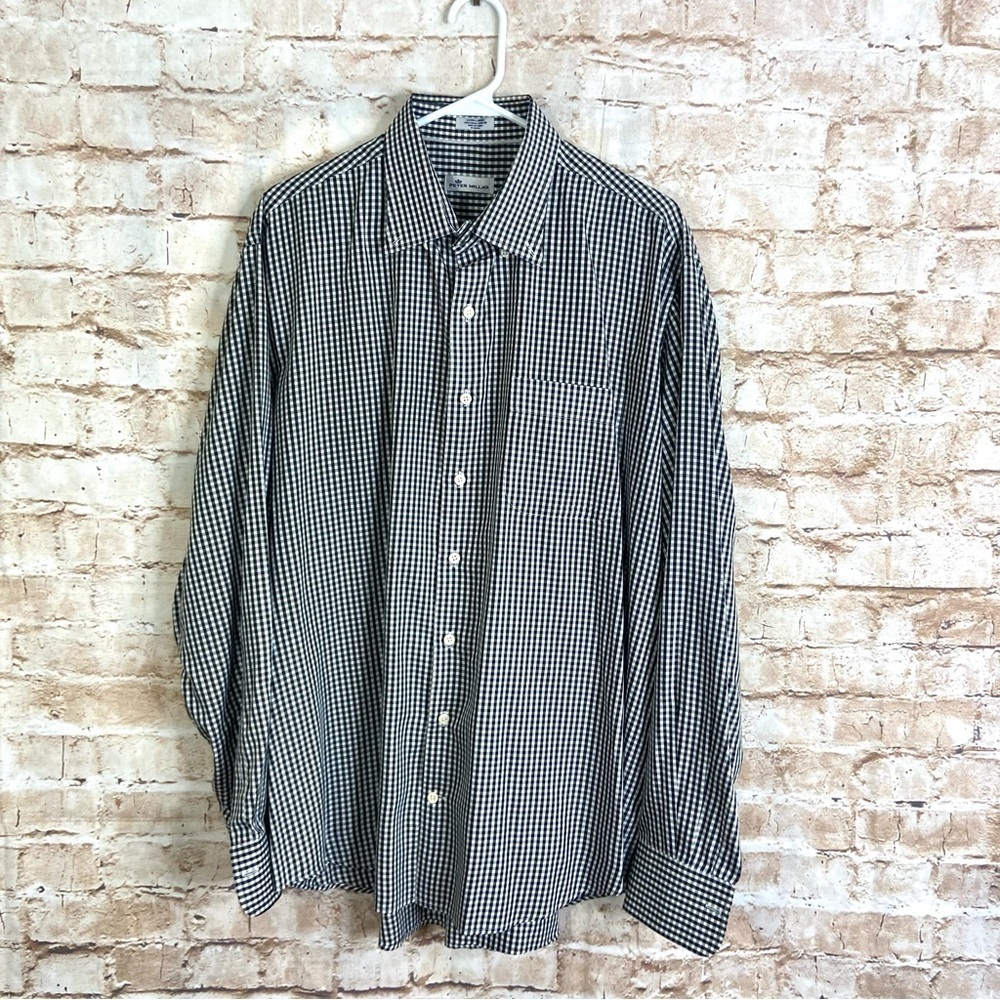 Peter Millar Cotton Silk Blend Black White Gingham Button Down Shirt Size XL